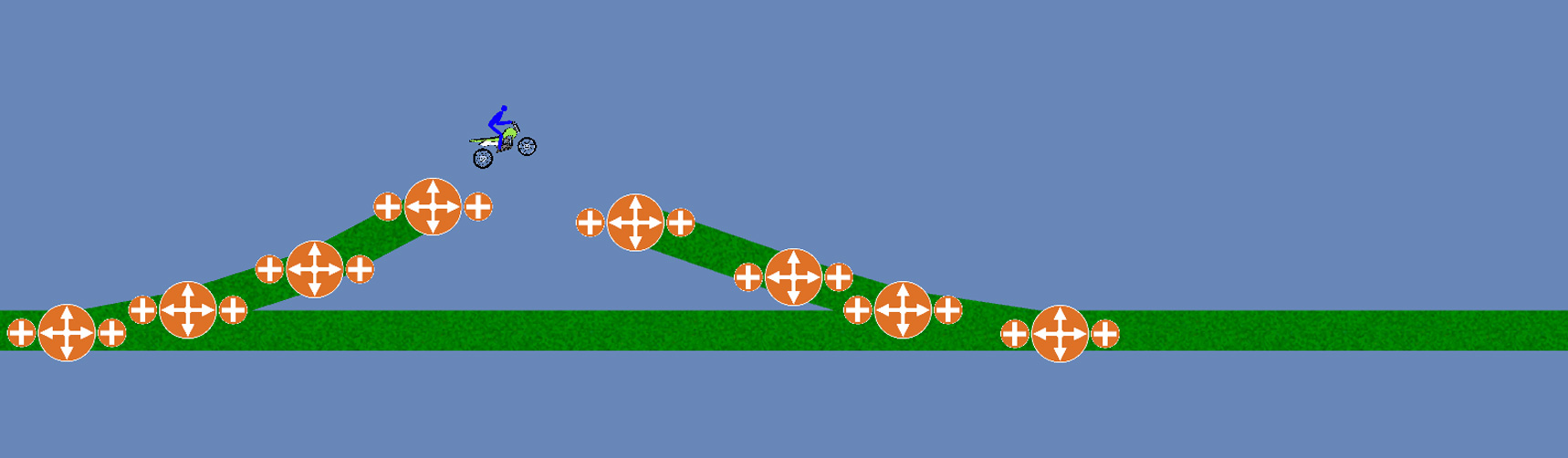 Title Image for Bike Game showing a motorcycle and rider flying off a jump, towards a landing ramp.