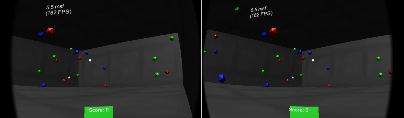A Virtual Reality Scene of multicoloured flying objects in a grey room.