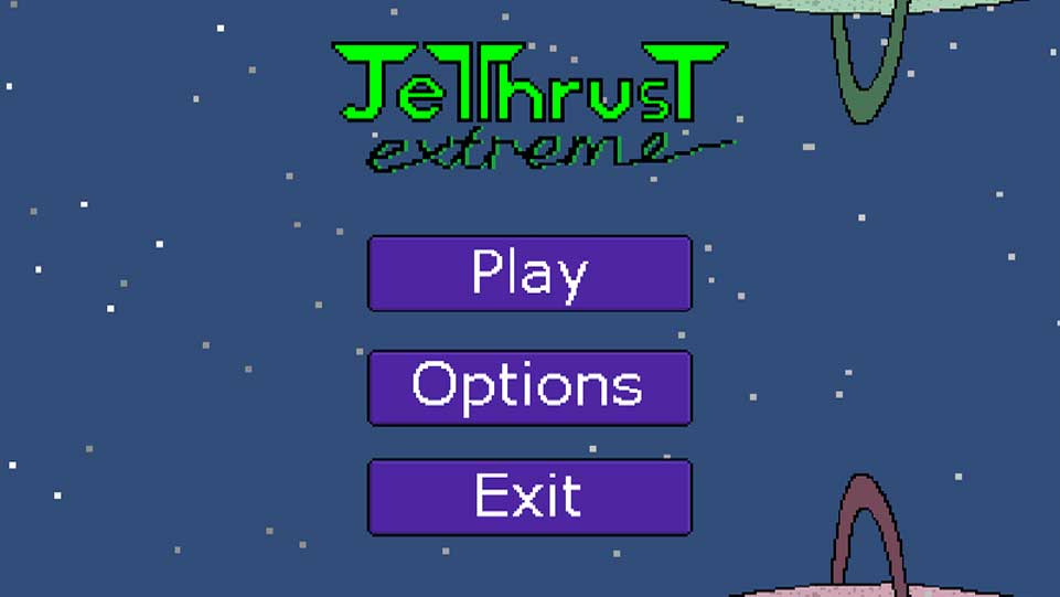 Screenshot of the JetThrust Extreme menu screen, with two planets with rings in the background.