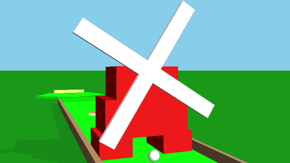 Screenshot of a minigolf windmill from minigolf game, with ball passing under it, with the hole in the background.