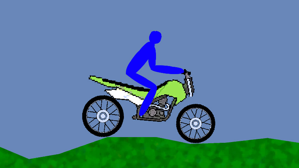 Screenshot of BikeGame, showing 2d image of motorbike on rough terrain.