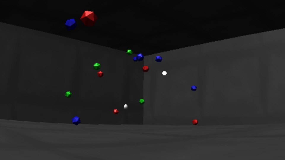 Screenshot of Block Avoider. Image shows player looking at different colour blocks flying around a grey concrete room.