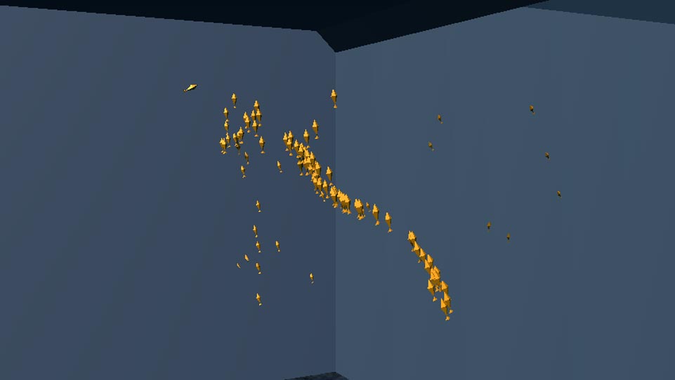 Screenshot of Boids, showing small golden fish swimming in a fish tank.
