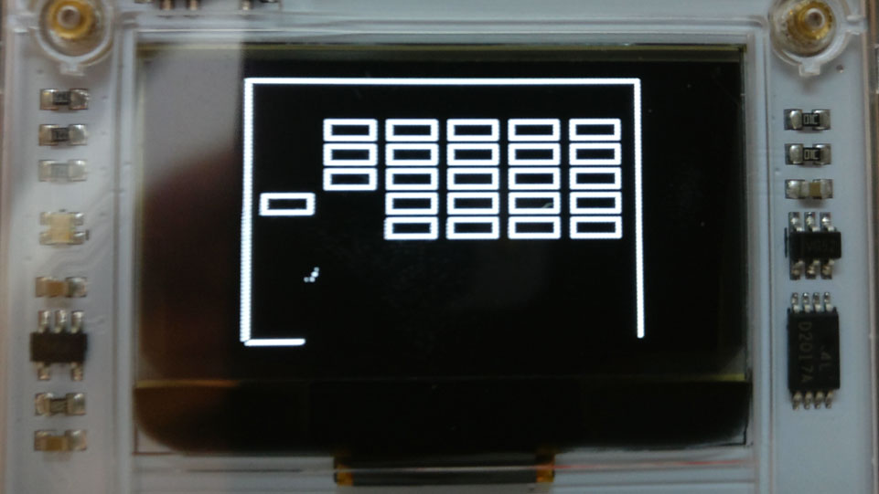 Screenshot of part of the game Slab Splitter on Arduboy hardware.