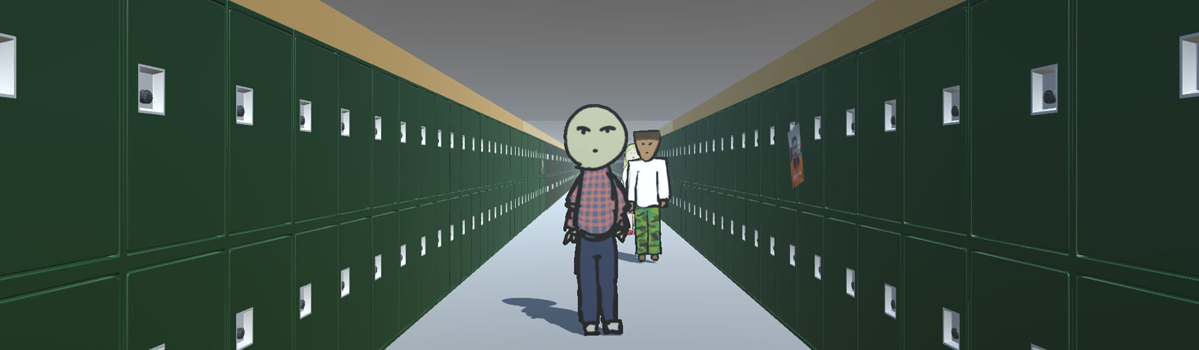 A 3D corridor with 2d sprite art people trying to get in the way of the player