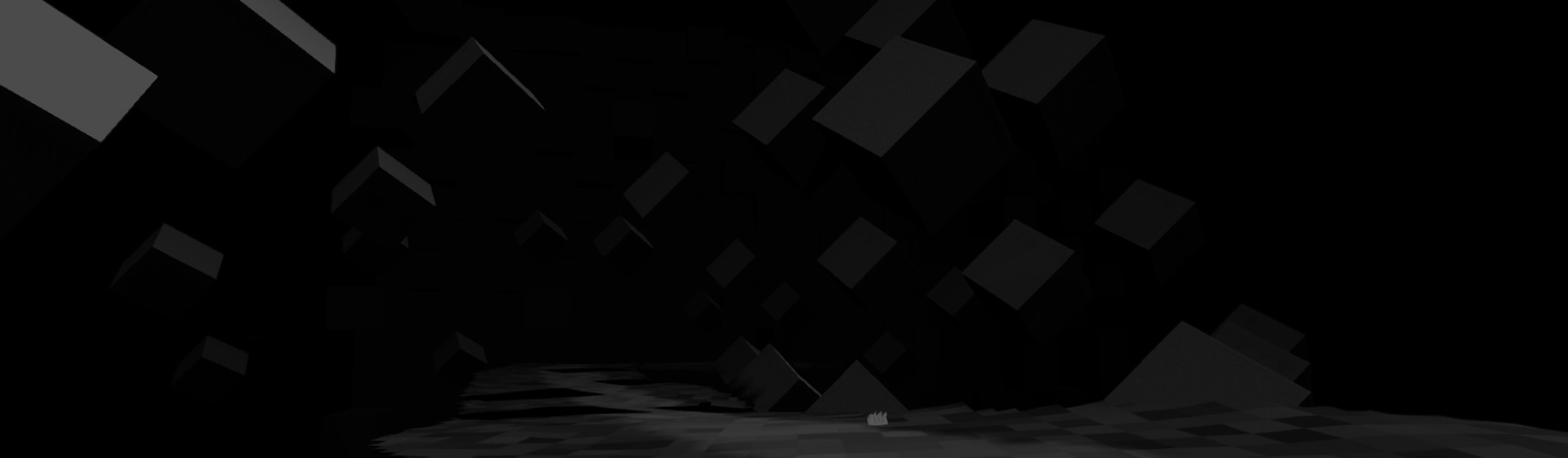 An abstract dark floating road with shadowed cubes surrounding the road on all sides