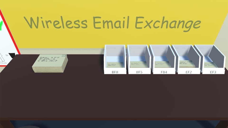 Screenshot of InboxOutbox, showing a wooden desk with a pile of letters on, ready to be sorted into the correct postcodes.