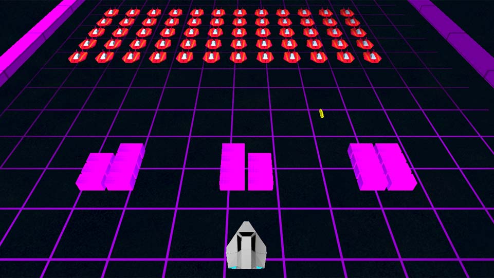 Screenshot of Invaders, showing the players space ship facing a large armarda of enemies.