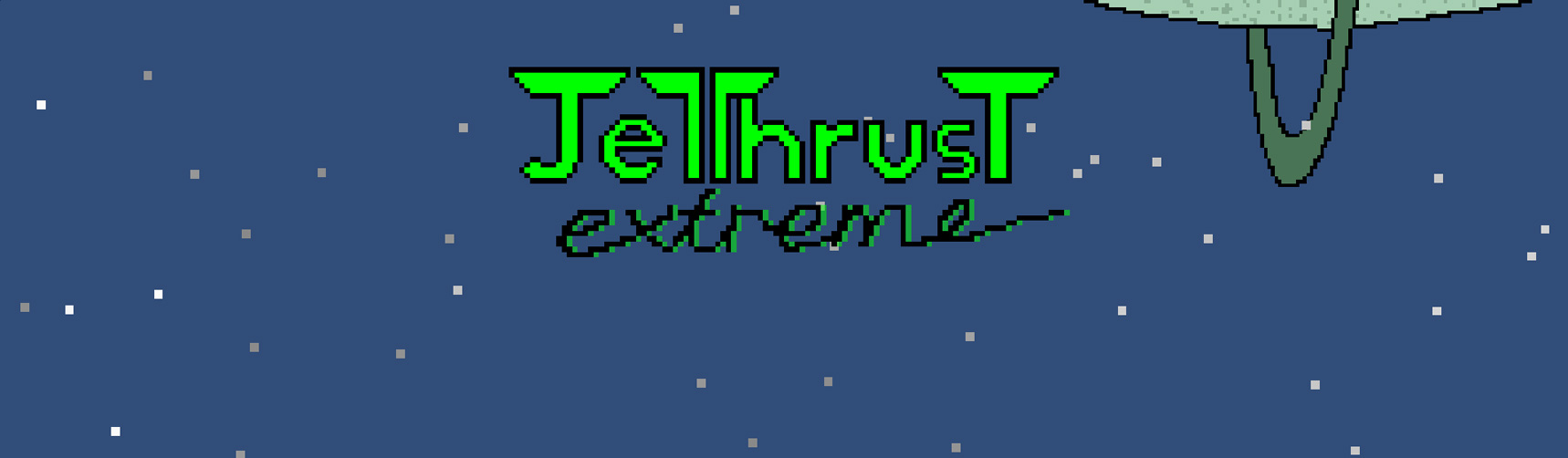 Pixel art image of space with Jet Thrust logo on