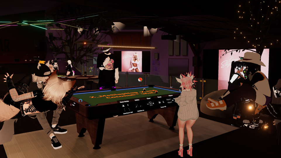A picture of a group of friends playing pool in a club