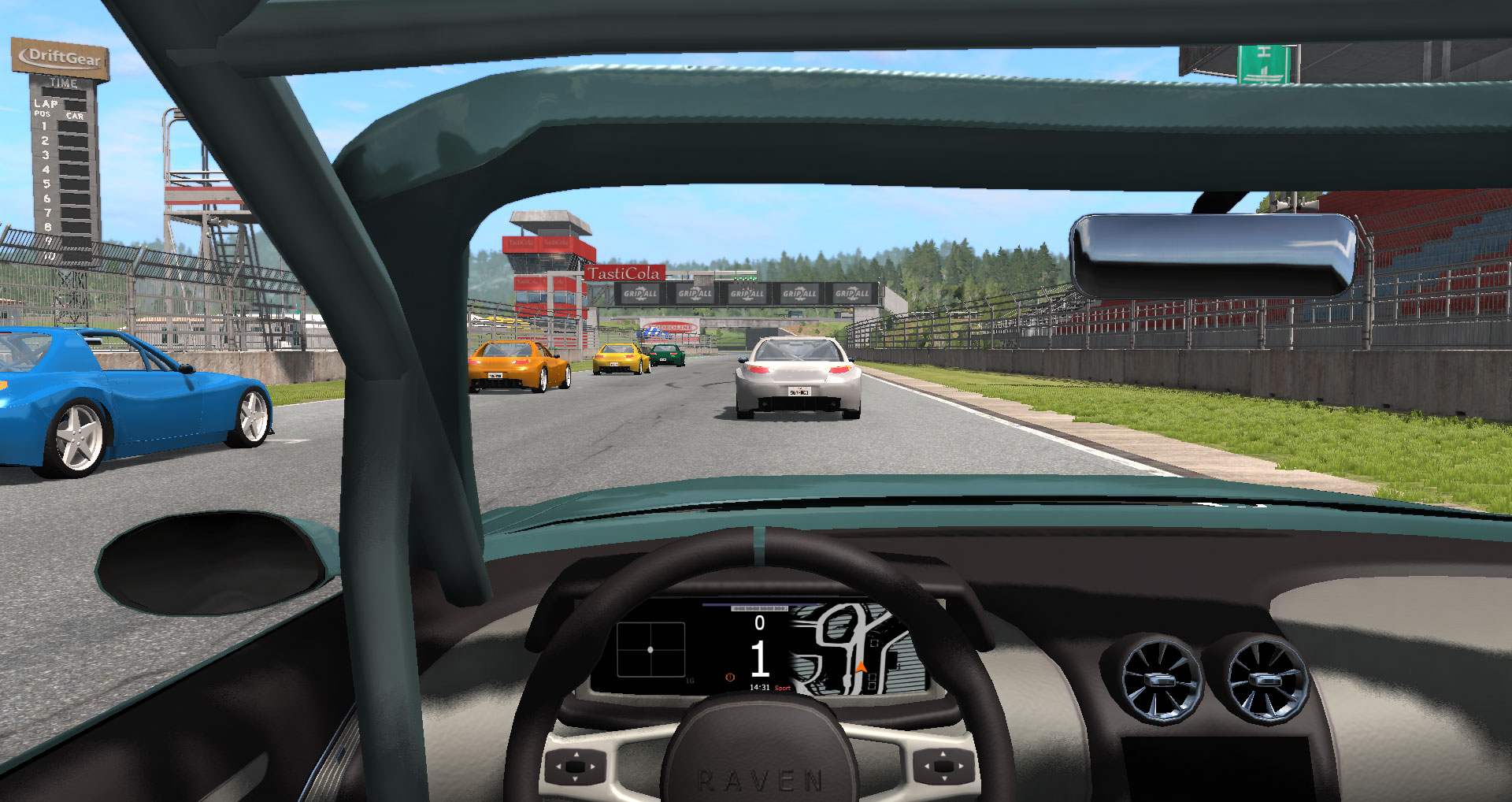 The racegrid from a different viewpoint, where the camera is placed in a first person position from the last car on the grid.