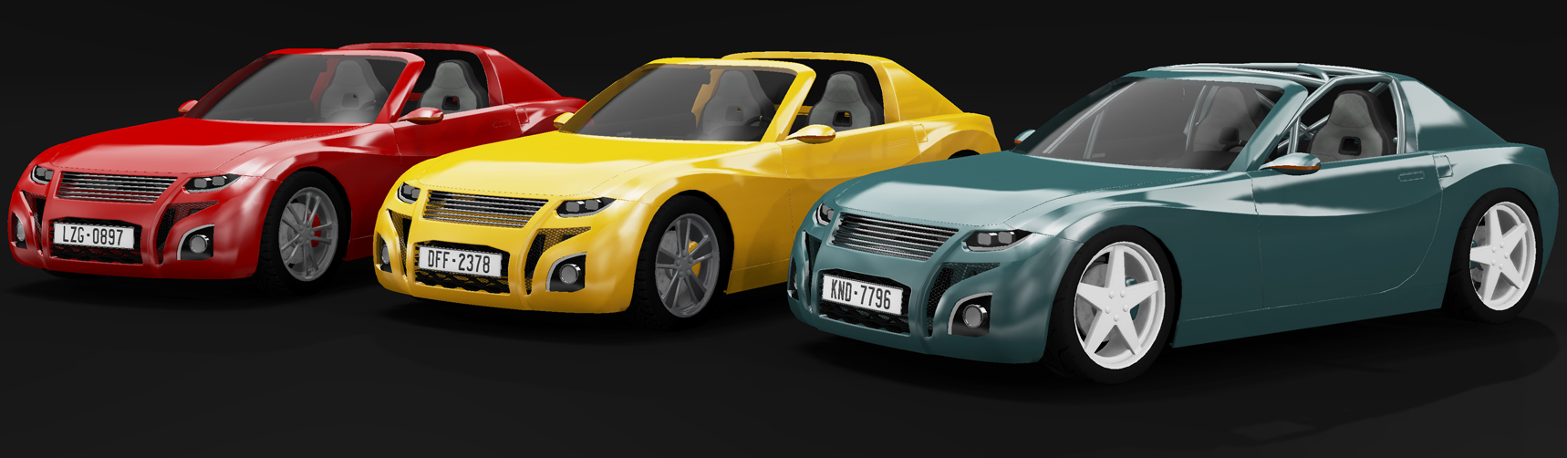 A racegrid filled with 8 R20's in multiple colours. The R20 is an open top targa style sports car with 2 seats.