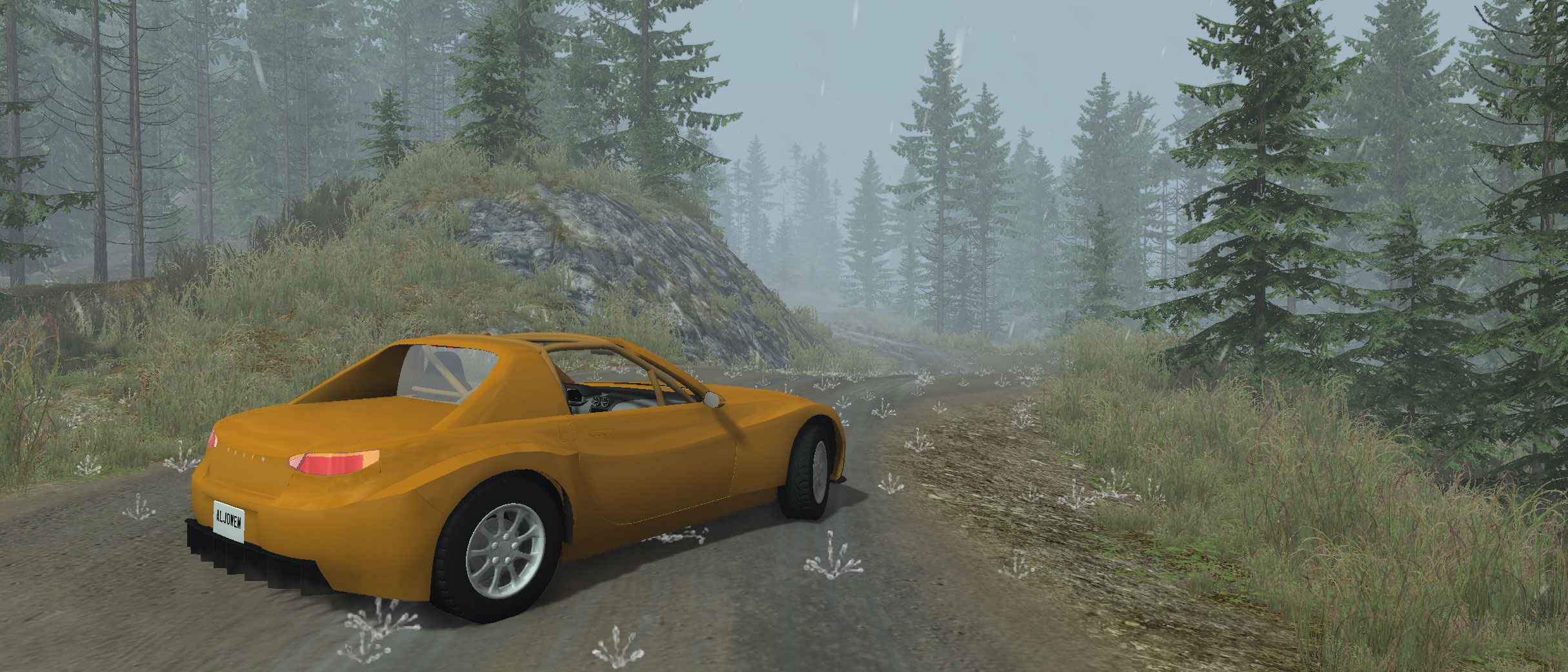 A rally version of the R20 driving on a sweeping muddy s-bend in a forest environment.