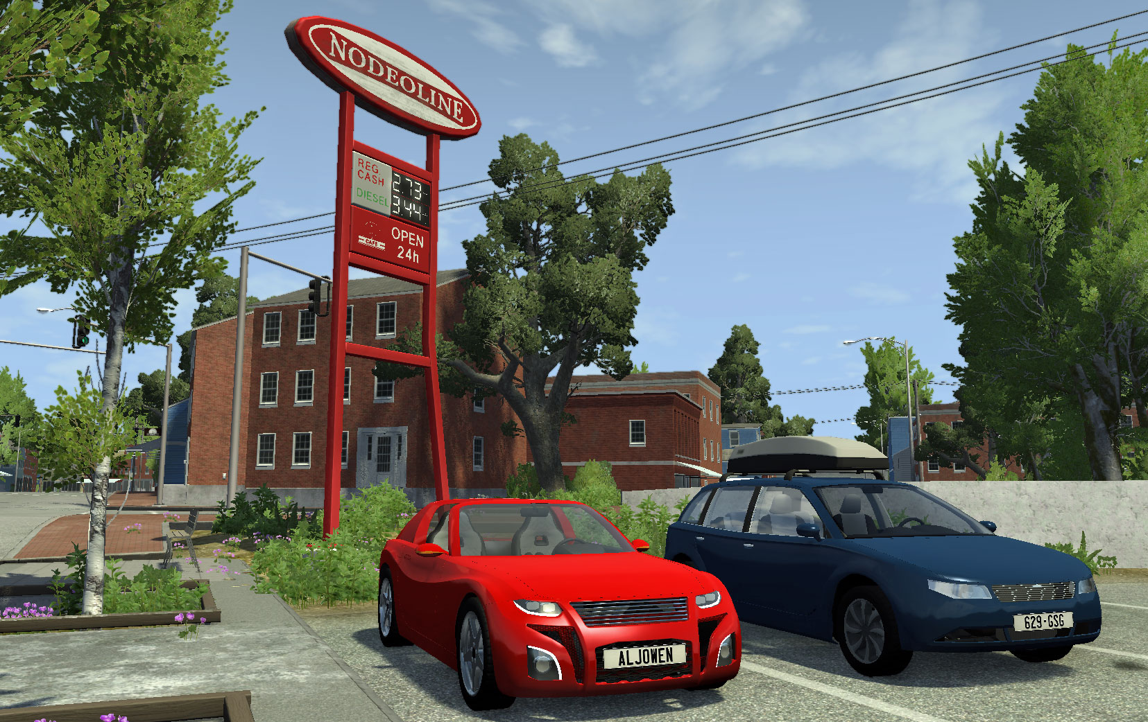 A Raven R20 parked in a petrol station parking space next to a Raven R60 with a roof box. The petrol station is in a town environment with a large fuel station sign behind the cars.
