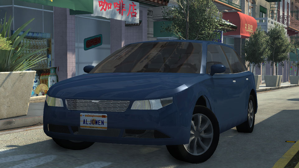 Screenshot of the Raven R60 (vehicle) in blue, parked on a chinatown street. The R60 is a small hatchback vehicle with 4 doors.