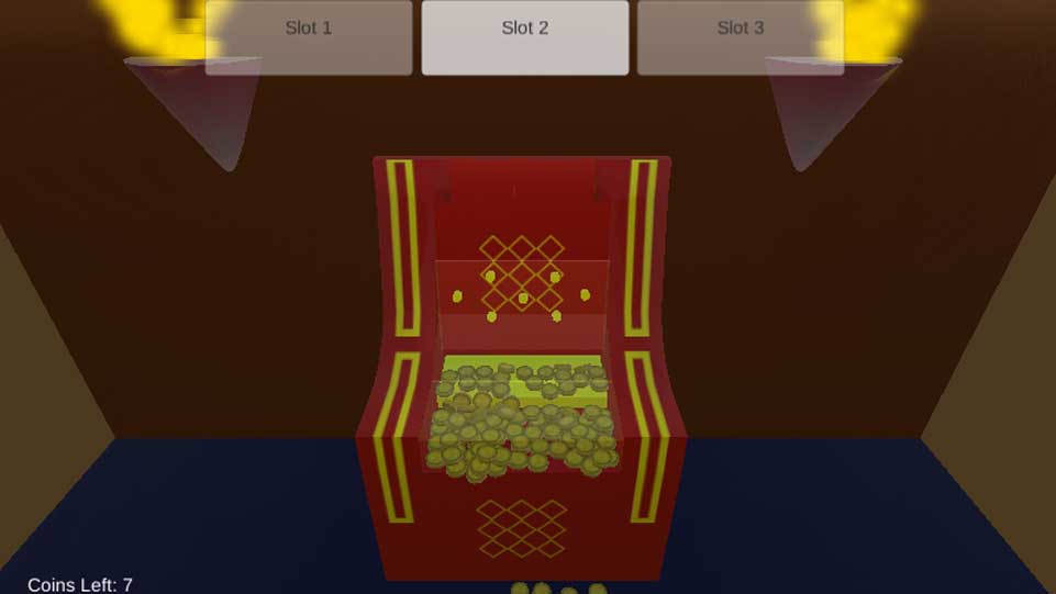 Screenshot of SlotALot, showing a single red slot machine in a room, with coins on the floor that have fallen out.