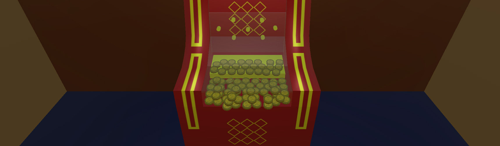 A red and gold coin pusher machine covered in coins