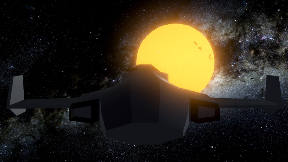 Screenshot of a spaceship facing towards a bright yellow star as a battle occours in the stars glow.