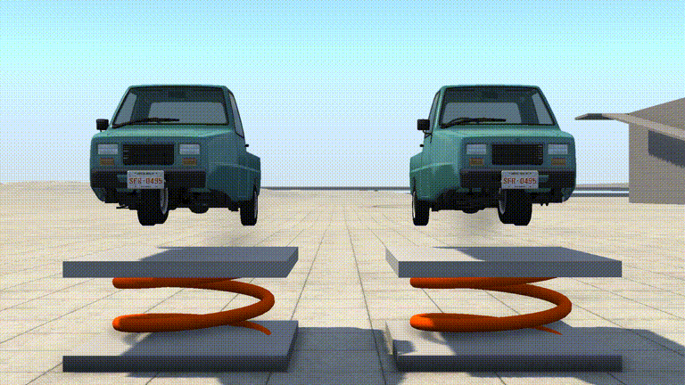 Two identical cars landing on two spring pads from an approx 60cm drop. The spring on the right has damping, the spring on the left does not.