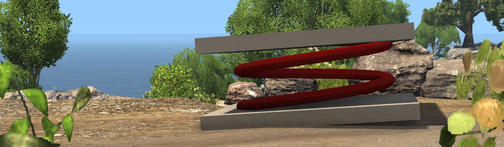 A spring pad placed on a road, overlooking a cliff edge with the sea below.