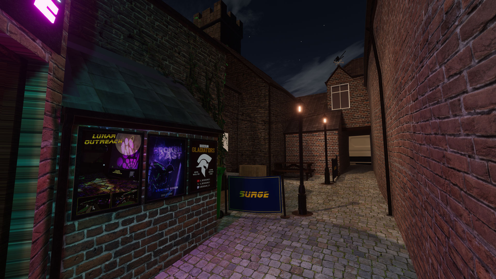 A photo of the outside area showing a narrow town walkway with cpsy seating and event posters