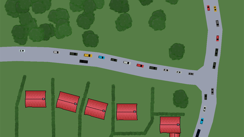Screenshot of the game showing a birds eye view of traffic traversing a series of junctions.