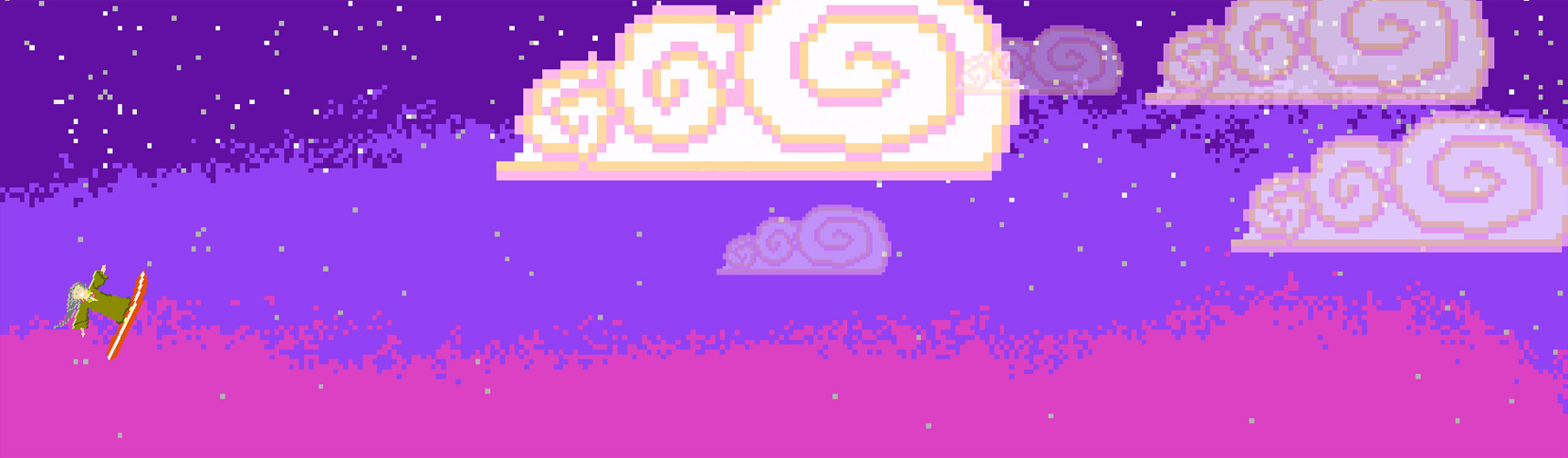 Pixel art image of the sky in game with surfer doing backflip